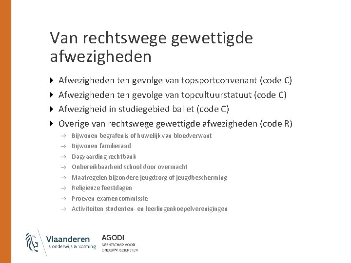 Van rechtswege gewettigde afwezigheden Afwezigheden ten gevolge van topsportconvenant (code C) Afwezigheden ten gevolge