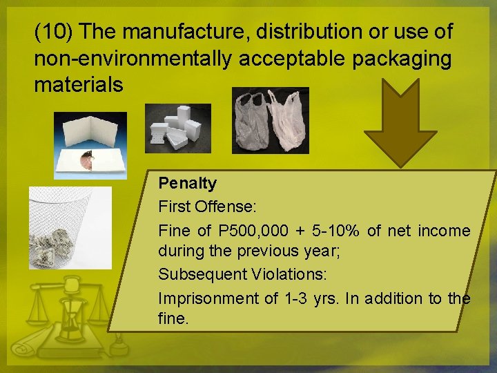 (10) The manufacture, distribution or use of non-environmentally acceptable packaging materials Penalty First Offense: