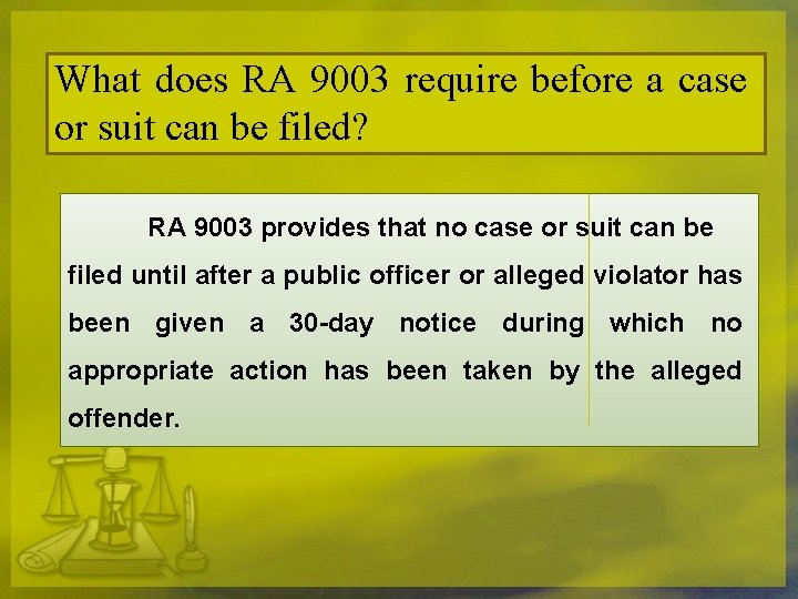 What does RA 9003 require before a case or suit can be filed? RA