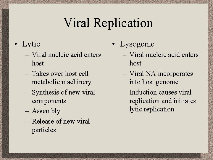 Viral Replication • Lytic – Viral nucleic acid enters host – Takes over host