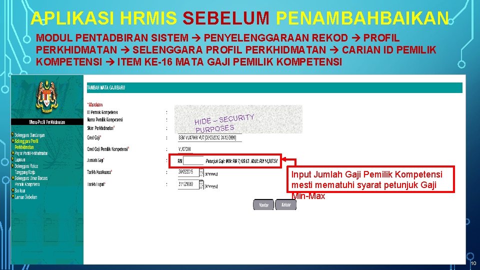 APLIKASI HRMIS SEBELUM PENAMBAHBAIKAN MODUL PENTADBIRAN SISTEM PENYELENGGARAAN REKOD PROFIL PERKHIDMATAN SELENGGARA PROFIL PERKHIDMATAN