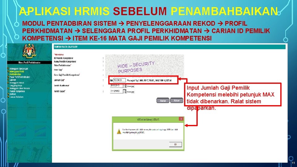 APLIKASI HRMIS SEBELUM PENAMBAHBAIKAN MODUL PENTADBIRAN SISTEM PENYELENGGARAAN REKOD PROFIL PERKHIDMATAN SELENGGARA PROFIL PERKHIDMATAN