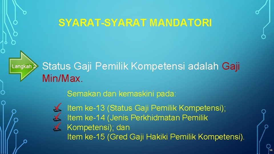 SYARAT-SYARAT MANDATORI Langkah 2 Status Gaji Pemilik Kompetensi adalah Gaji Min/Max. Semakan dan kemaskini