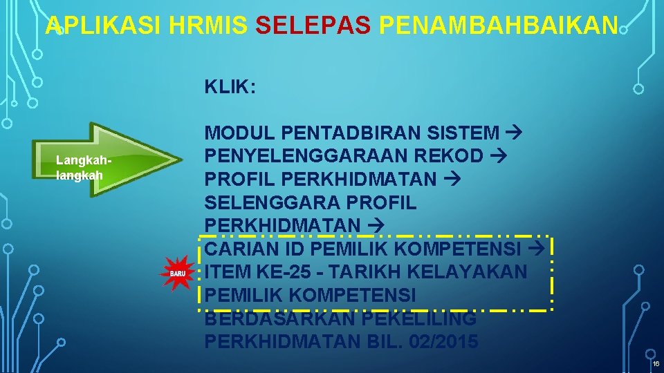 APLIKASI HRMIS SELEPAS PENAMBAHBAIKAN KLIK: Langkahlangkah MODUL PENTADBIRAN SISTEM PENYELENGGARAAN REKOD PROFIL PERKHIDMATAN SELENGGARA