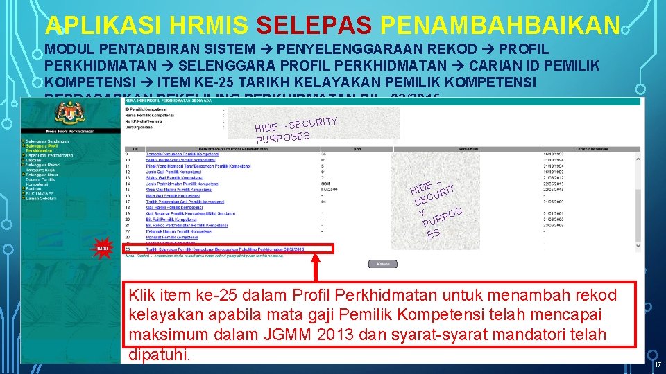 APLIKASI HRMIS SELEPAS PENAMBAHBAIKAN MODUL PENTADBIRAN SISTEM PENYELENGGARAAN REKOD PROFIL PERKHIDMATAN SELENGGARA PROFIL PERKHIDMATAN