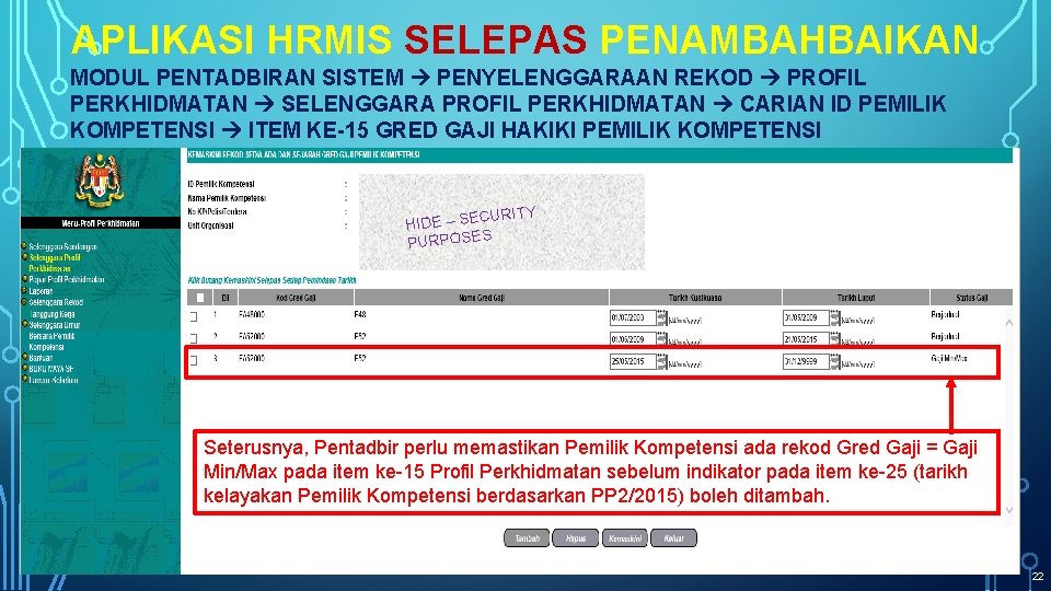 APLIKASI HRMIS SELEPAS PENAMBAHBAIKAN MODUL PENTADBIRAN SISTEM PENYELENGGARAAN REKOD PROFIL PERKHIDMATAN SELENGGARA PROFIL PERKHIDMATAN