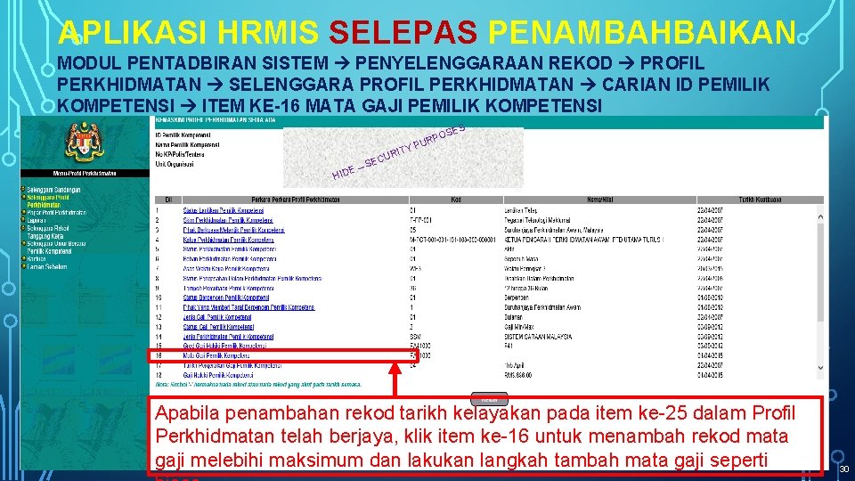 APLIKASI HRMIS SELEPAS PENAMBAHBAIKAN MODUL PENTADBIRAN SISTEM PENYELENGGARAAN REKOD PROFIL PERKHIDMATAN SELENGGARA PROFIL PERKHIDMATAN