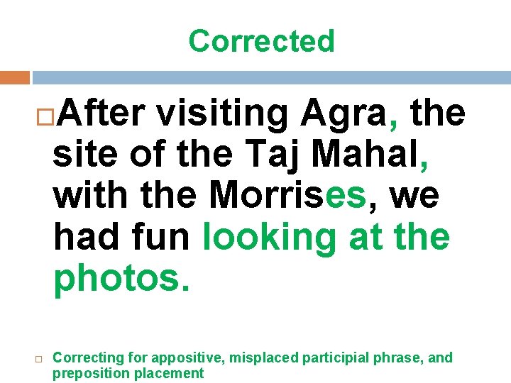 Corrected After visiting Agra, the site of the Taj Mahal, with the Morrises, we