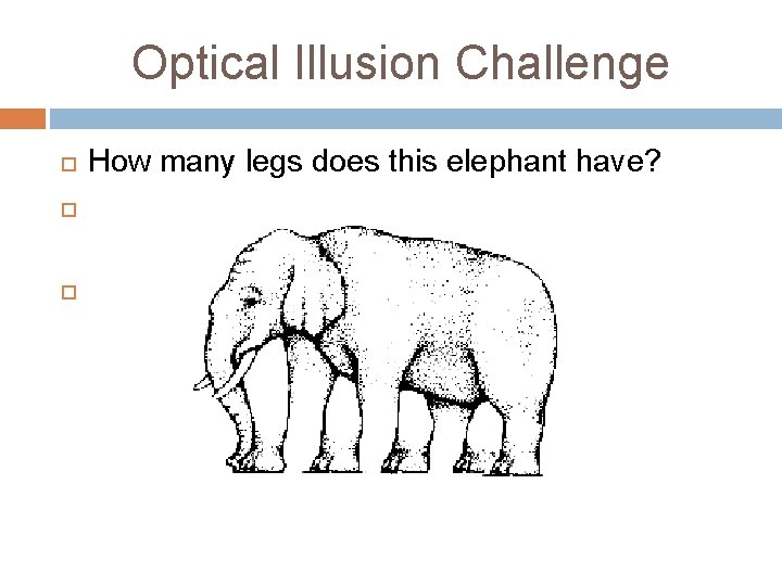 Optical Illusion Challenge How many legs does this elephant have? 