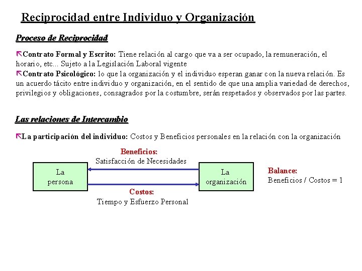 Reciprocidad entre Individuo y Organización Proceso de Reciprocidad ãContrato Formal y Escrito: Tiene relación