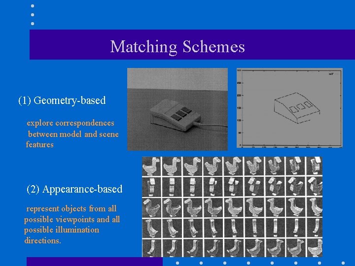 Matching Schemes (1) Geometry-based explore correspondences between model and scene features (2) Appearance-based represent