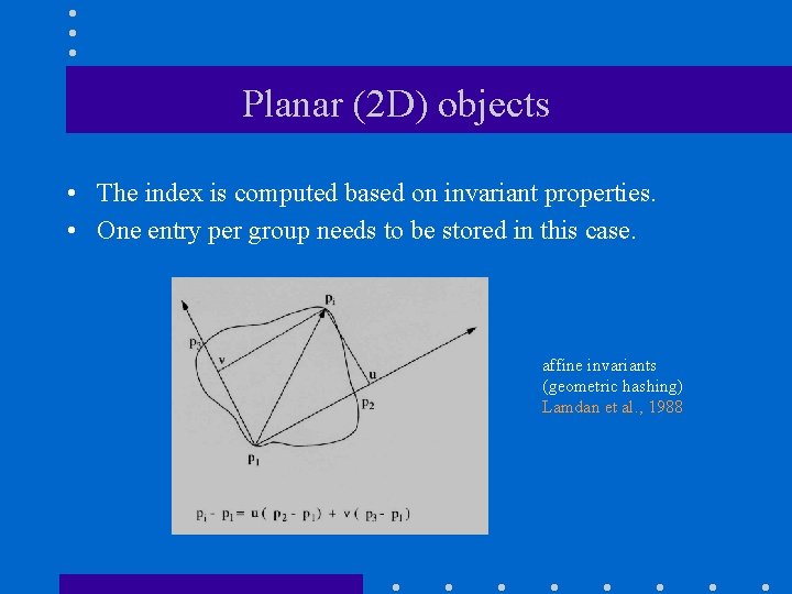 Planar (2 D) objects • The index is computed based on invariant properties. •