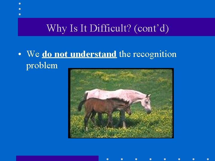 Why Is It Difficult? (cont’d) • We do not understand the recognition problem 