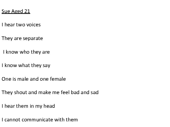 Sue Aged 21 I hear two voices They are separate I know who they