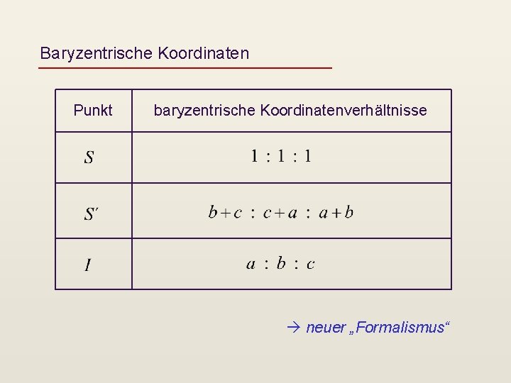 Baryzentrische Koordinaten Punkt baryzentrische Koordinatenverhältnisse neuer „Formalismus“ 