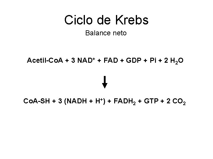 Ciclo de Krebs Balance neto Acetil-Co. A + 3 NAD+ + FAD + GDP