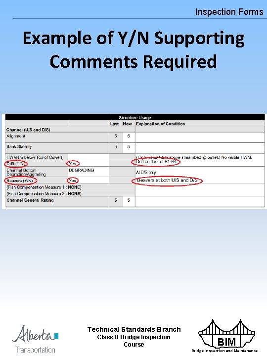 Inspection Forms Example of Y/N Supporting Comments Required Technical Standards Branch Class B Bridge