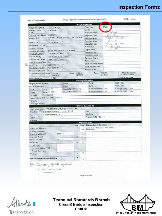 Inspection Forms Technical Standards Branch Class B Bridge Inspection Course BIM Bridge Inspection and