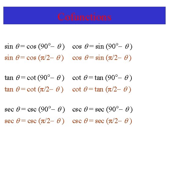 Cofunctions sin = cos (90 ) cos = sin (90 ) sin = cos
