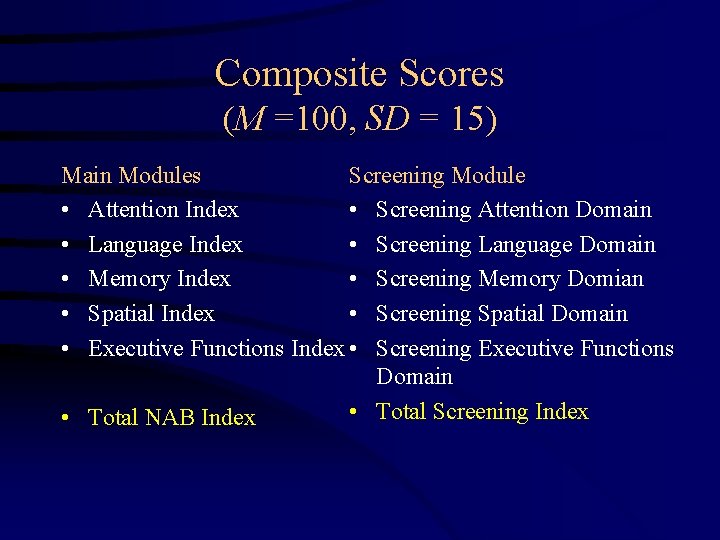 Composite Scores (M =100, SD = 15) Main Modules Screening Module • Attention Index