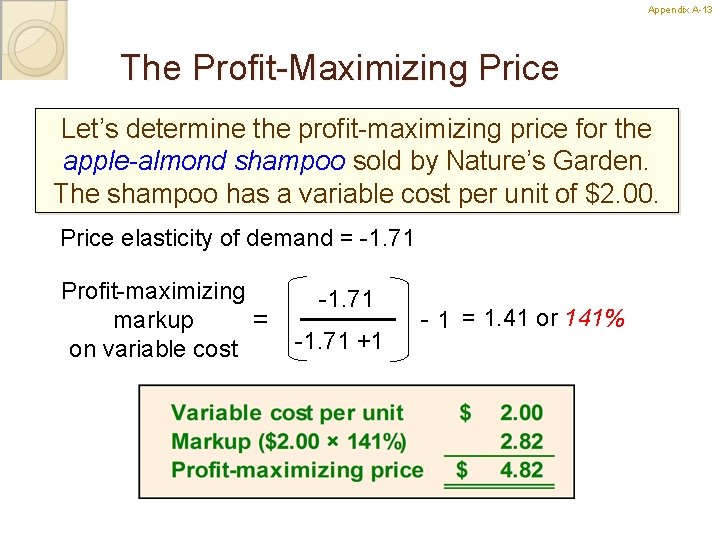 Appendix A-13 13 The Profit-Maximizing Price Let’s determine the profit-maximizing price for the apple-almond