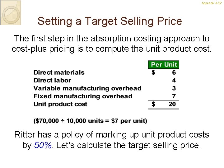 Appendix A-22 22 Setting a Target Selling Price The first step in the absorption