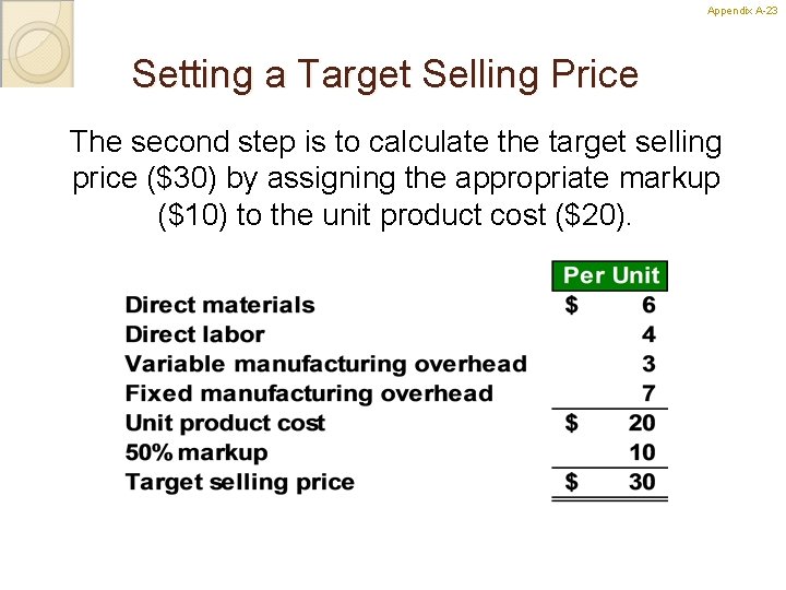 Appendix A-23 23 Setting a Target Selling Price The second step is to calculate
