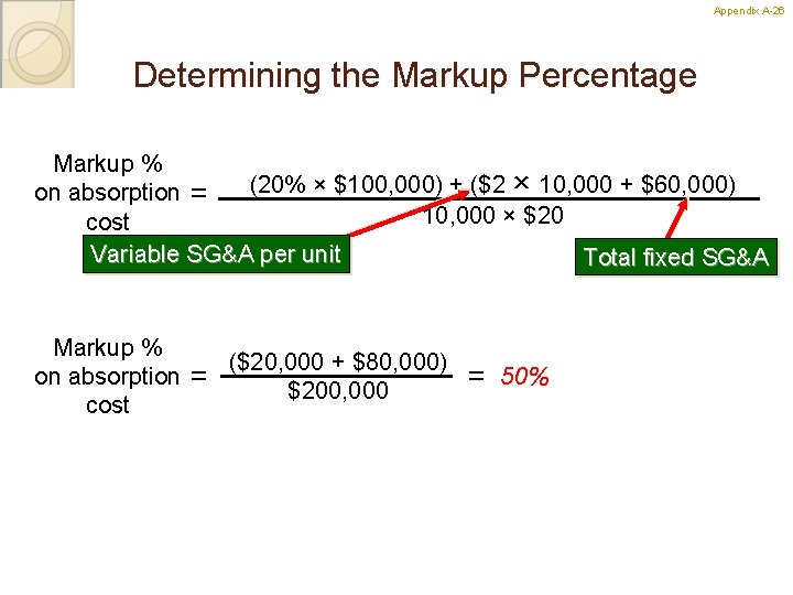 Appendix A-26 26 Determining the Markup Percentage Markup % (20% × $100, 000) +