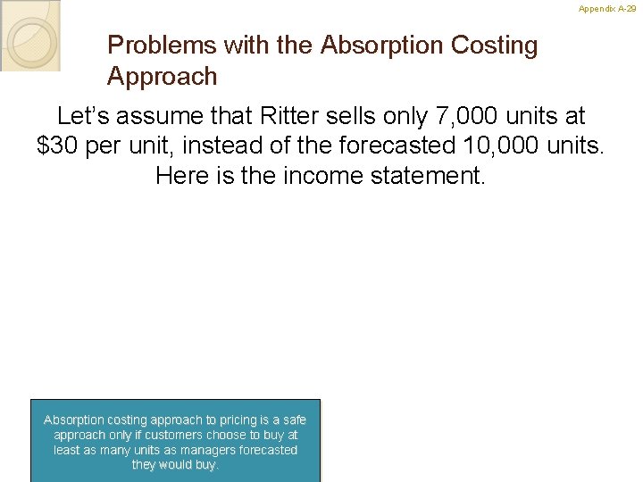 Appendix A-29 29 Problems with the Absorption Costing Approach Let’s assume that Ritter sells