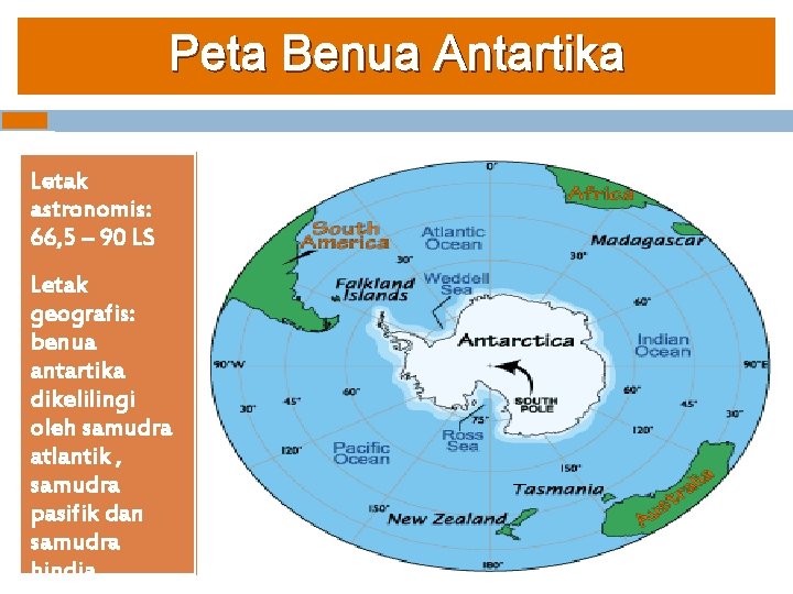 Peta Benua Antartika Letak astronomis: 66, 5 – 90 LS Letak geografis: benua antartika