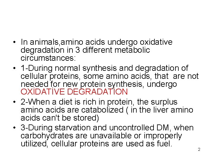  • In animals, amino acids undergo oxidative degradation in 3 different metabolic circumstances: