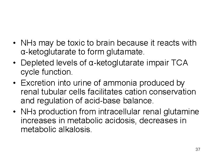  • NH 3 may be toxic to brain because it reacts with α-ketoglutarate