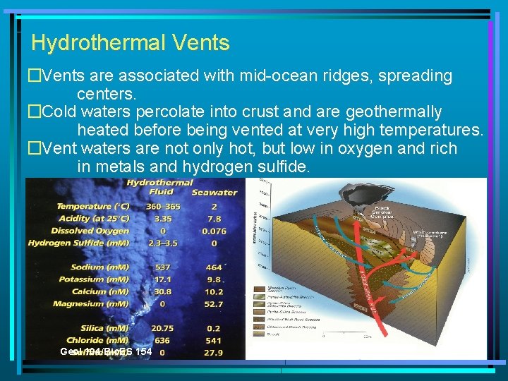 Hydrothermal Vents �Vents are associated with mid-ocean ridges, spreading centers. �Cold waters percolate into
