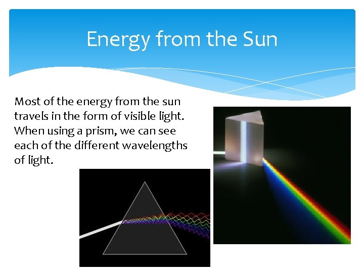 Energy from the Sun Most of the energy from the sun travels in the