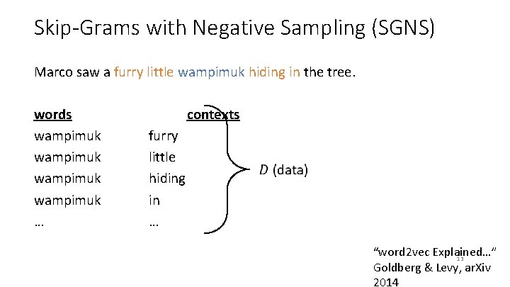 Skip-Grams with Negative Sampling (SGNS) Marco saw a furry little wampimuk hiding in the