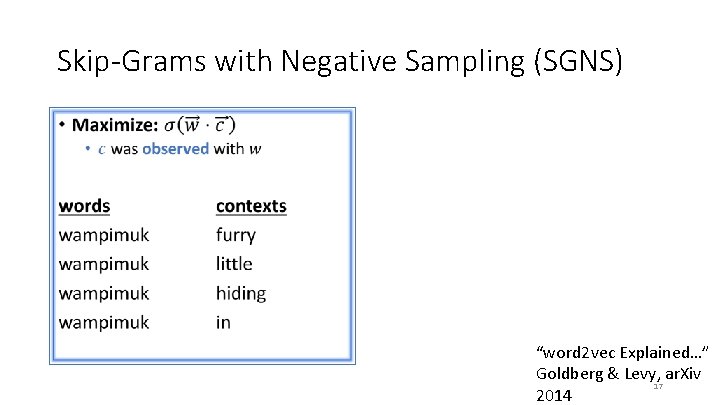 Skip-Grams with Negative Sampling (SGNS) • “word 2 vec Explained…” Goldberg & Levy, ar.