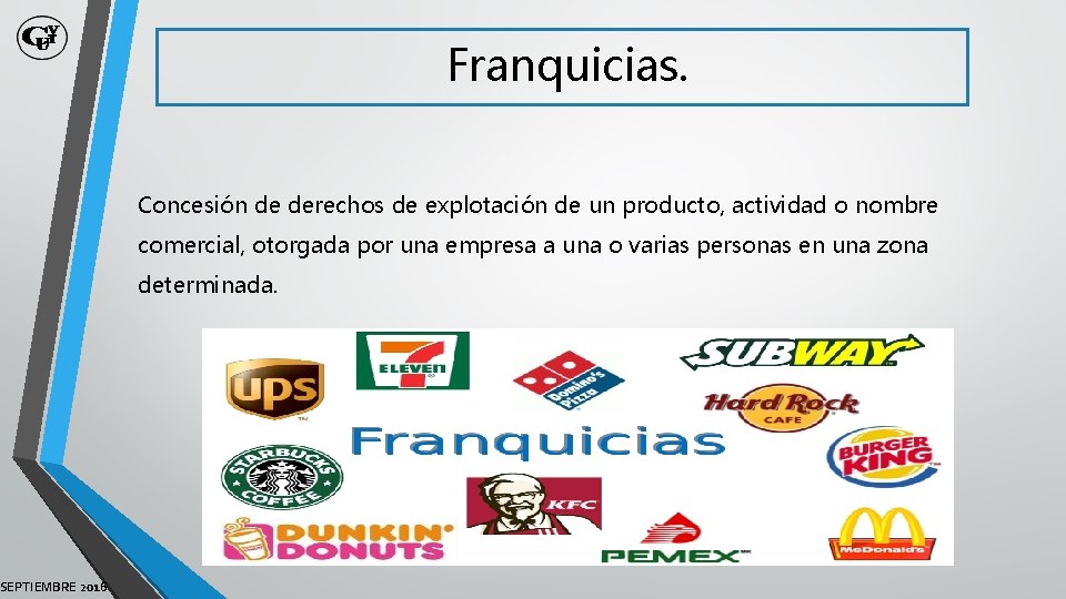 SEPTIEMBRE 2016 Franquicias. Concesión de derechos de explotación de un producto, actividad o nombre