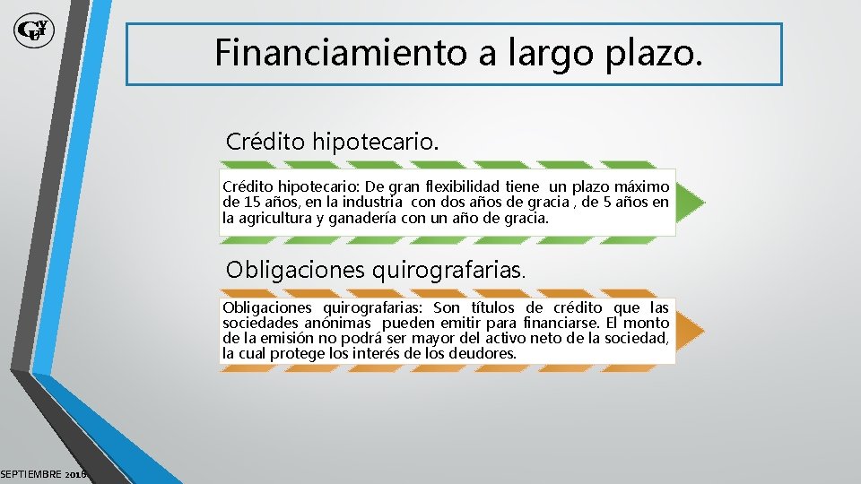 SEPTIEMBRE 2016 Financiamiento a largo plazo. Crédito hipotecario: De gran flexibilidad tiene un plazo