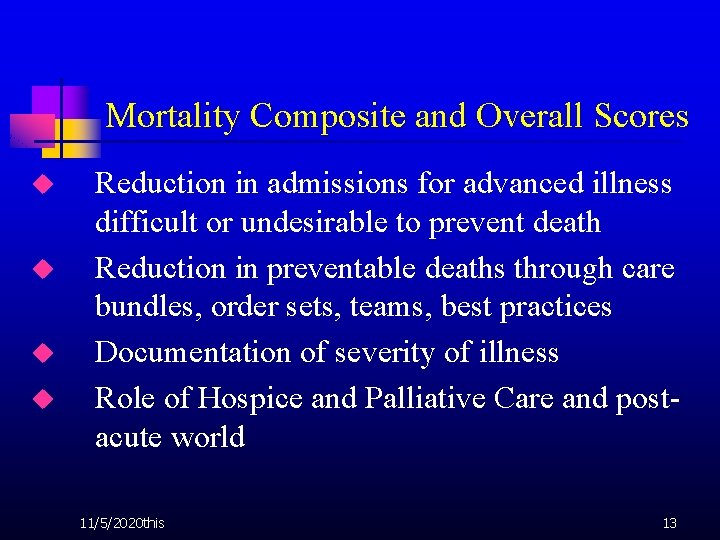 Mortality Composite and Overall Scores u u Reduction in admissions for advanced illness difficult