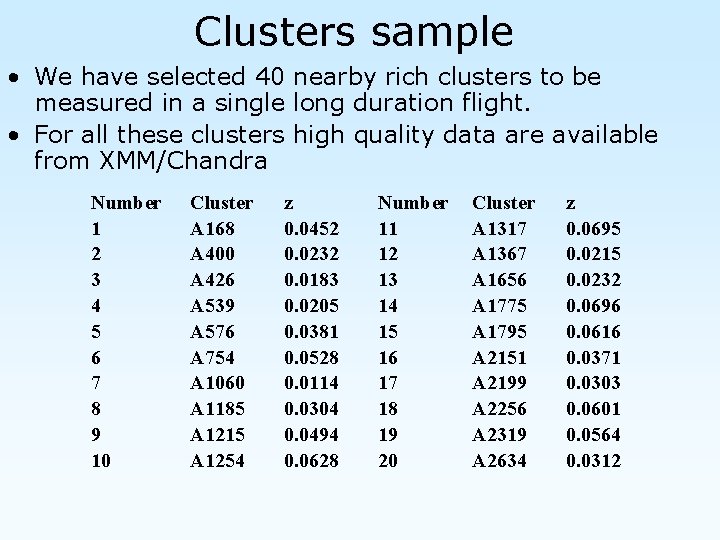 Clusters sample • We have selected 40 nearby rich clusters to be measured in