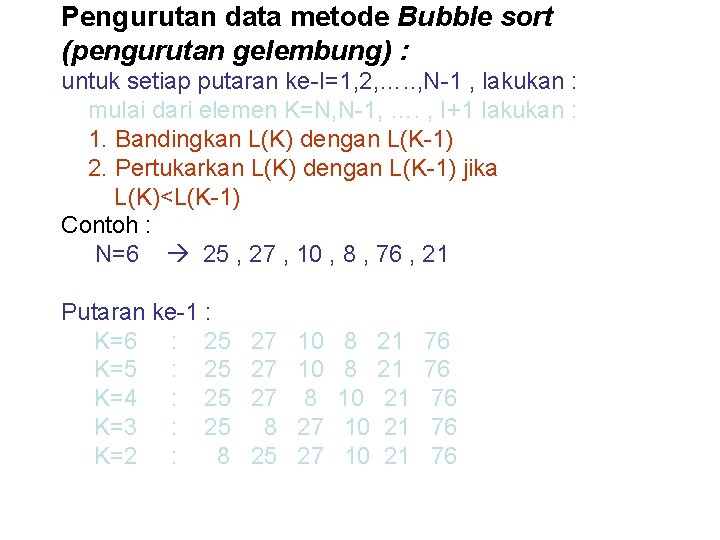 Pengurutan data metode Bubble sort (pengurutan gelembung) : untuk setiap putaran ke-I=1, 2, ….
