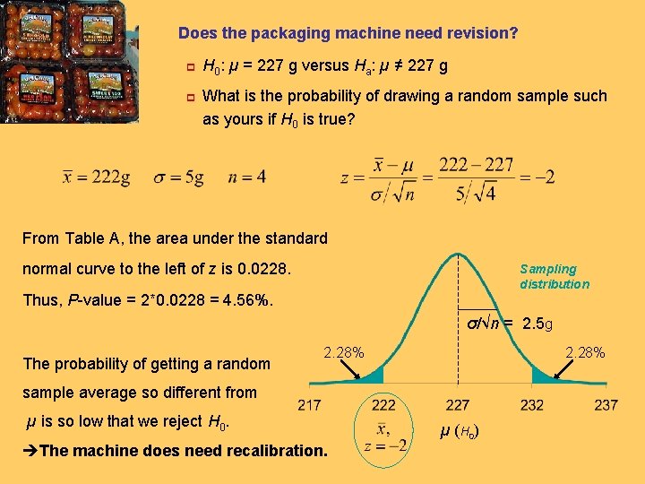 Does the packaging machine need revision? p p H 0: µ = 227 g