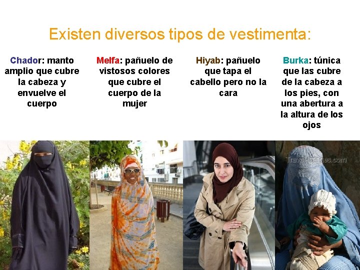 Existen diversos tipos de vestimenta: Chador: manto amplio que cubre la cabeza y envuelve