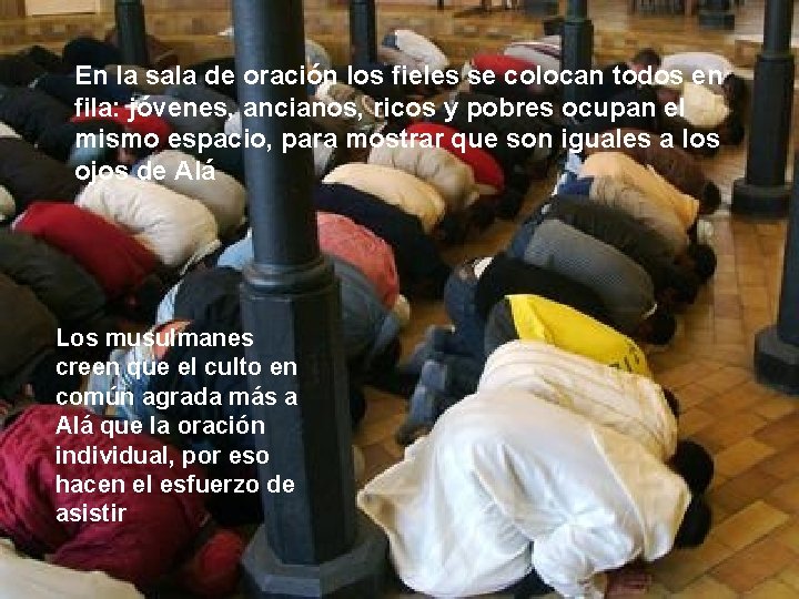 En la sala de oración los fieles se colocan todos en fila: jóvenes, ancianos,