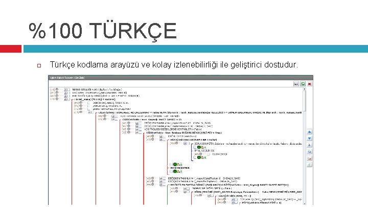 %100 TÜRKÇE Türkçe kodlama arayüzü ve kolay izlenebilirliği ile geliştirici dostudur. 