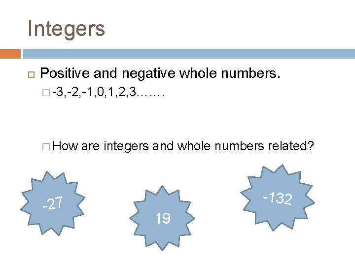 Integers Positive and negative whole numbers. � -3, -2, -1, 0, 1, 2, 3…….