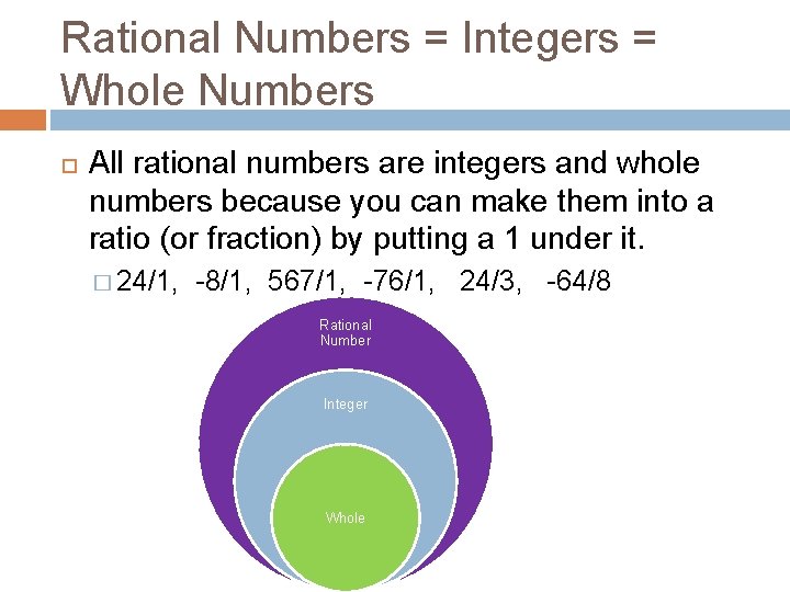 Rational Numbers = Integers = Whole Numbers All rational numbers are integers and whole