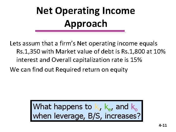 Net Operating Income Approach Lets assum that a firm’s Net operating income equals Rs.