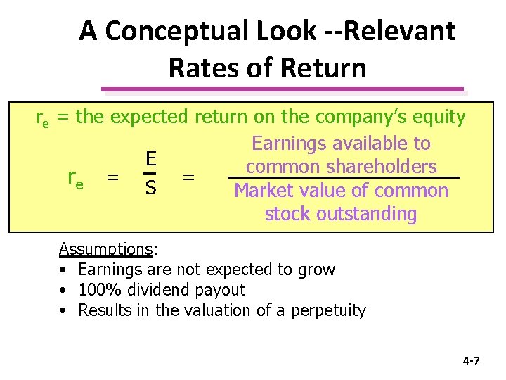 A Conceptual Look --Relevant Rates of Return re = the expected return on the