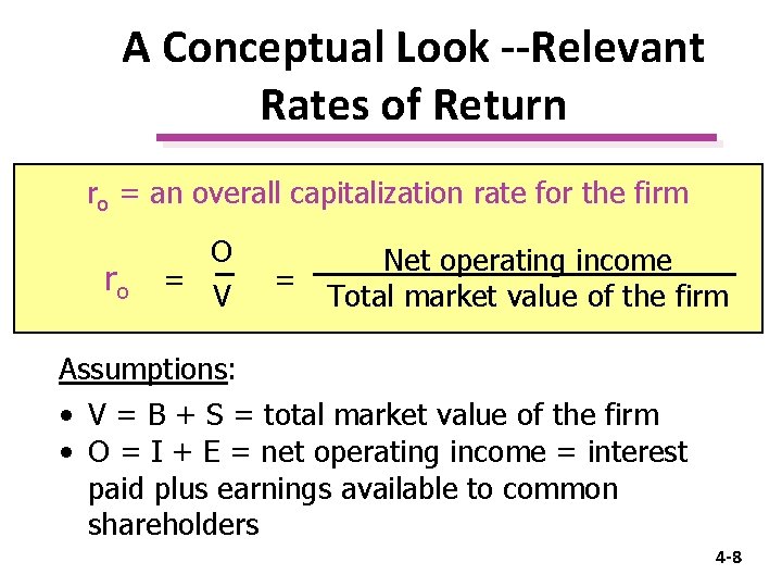 A Conceptual Look --Relevant Rates of Return ro = an overall capitalization rate for